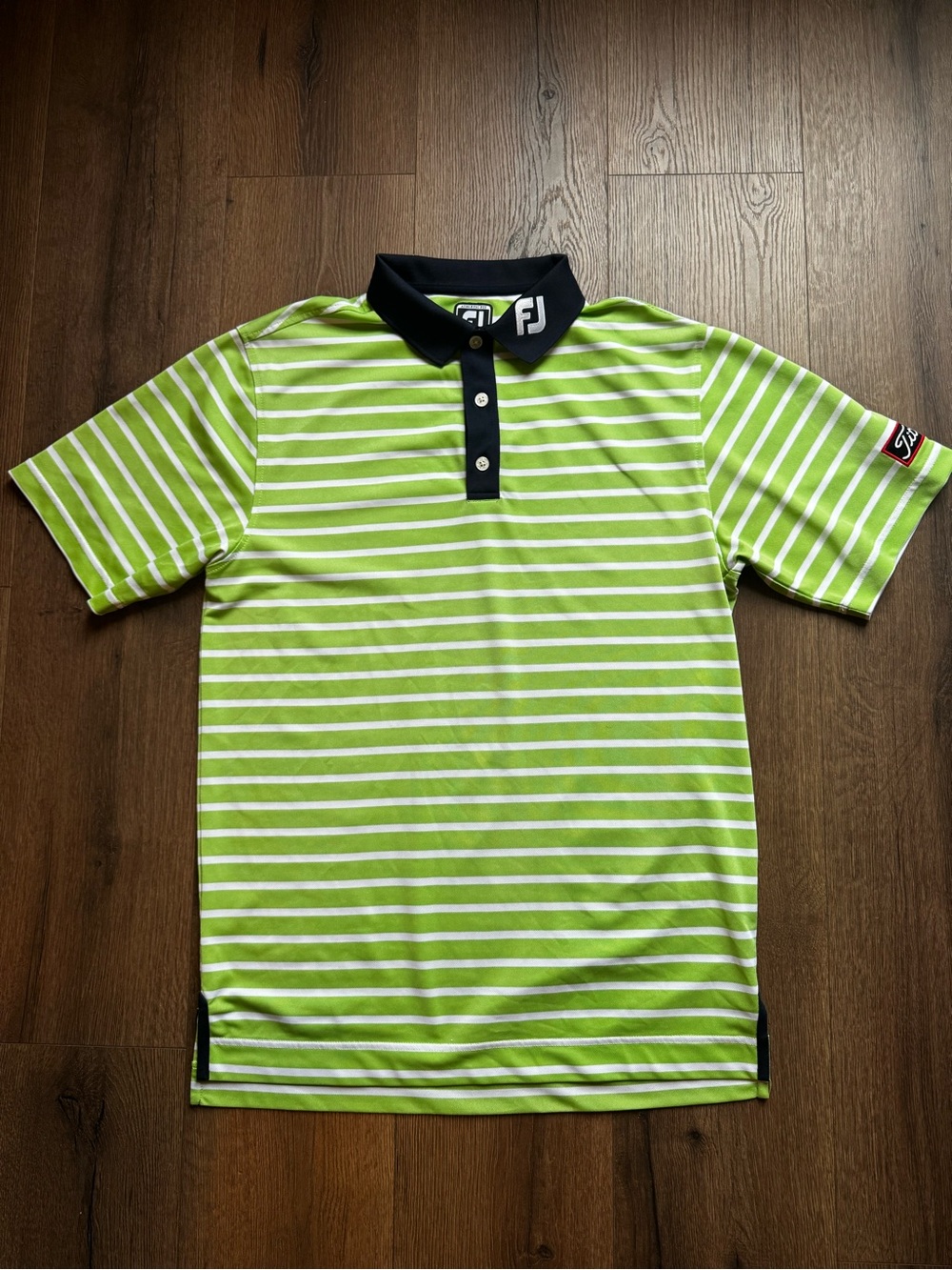 FootJoy Titleist Lime Green and White Striped Golf Polo with Blue Collar